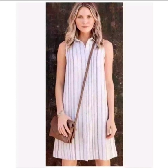 Garnet Hill Dresses & Skirts - Garnet Hill 100% Linen Striped Sleeveless
Button Down Shirt Dress Size 10